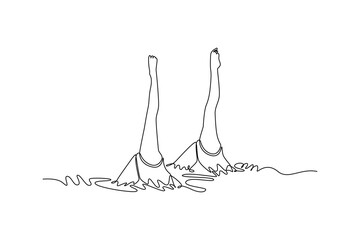 Single continuous line drawing two women are performing perfect synchronized vertical position in water, with only their legs extended above surface. One line draw graphic design vector illustration