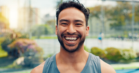 Fitness, portrait or man on tennis court with smile, sportswear or performance goal in exercise...