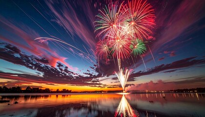 Colorful fireworks celebration display over the city river water reflection at night