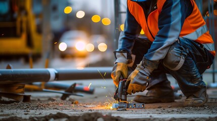 Construction worker welding in urban environment.