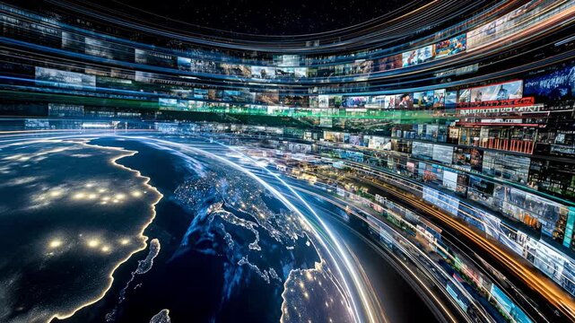 Planetary tunnel of screens and light streaks rushes forward, creating dynamic broadcast universe for OTT, metaverse and hyper-media storytelling concepts.