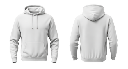 Front and back view of a plain white hooded sweatshirt with drawstrings and a front pocket isolated on a transparent background