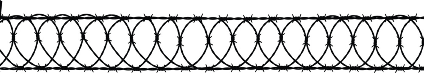 Barbed wire fence, razor wire loops, security barrier, prison perimeter, sharp metal coils, restricted zone, danger, protection, deterrent, safety