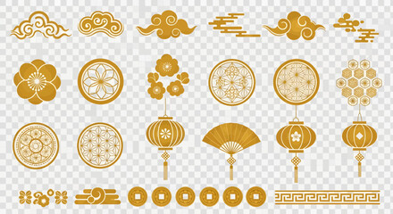 Vector illustration of golden chinese traditional elements and symbols collection, including clouds, flowers, lanterns, fans, coins, and decorative borders, on a transparent background