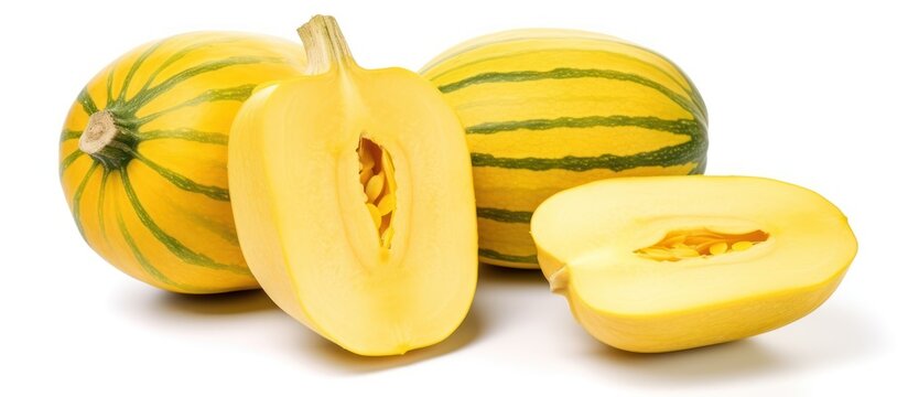 squash, yellow gourd, melon, sliced fruit, natural produce, vegetable, organic food, whole foods, healthy eating, fresh ingredients, still life photography, high quality digital image
