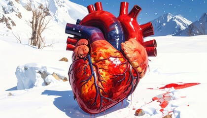 Heart in snowy mountains, blood trail, stark, dramatic