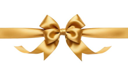 Golden satin ribbon tied in a bow with flowing tails isolated on a transparent background image