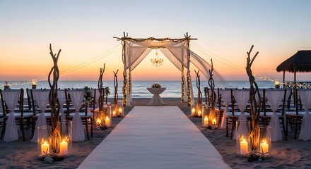 Romantic beach wedding ceremony setup at sunset with arch