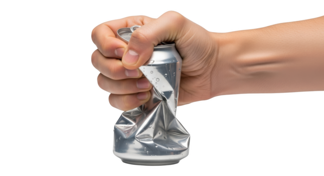 Hand crushing a wet aluminum can with condensation droplets isolated on a transparent background squeezing - Powered by Adobe