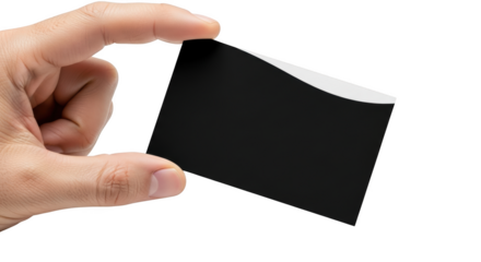 Hand holding a blank card with a curved white edge isolated on a transparent background image