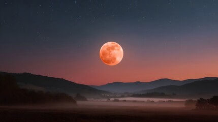 A dramatic blood moon illuminates a foggy valley beneath a starry night sky over rolling hills