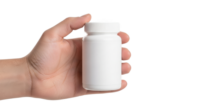 Hand holding a blank white pill bottle with ribbed cap against a background isolated on a transparent background