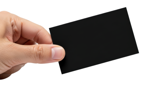 Hand holding a blank rectangular card with a thin white border isolated on a transparent background image