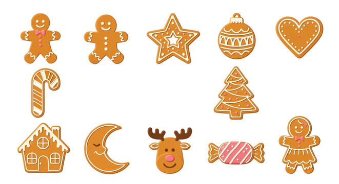 Vector illustration of collection of festive gingerbread cookies in various christmas shapes, isolated on