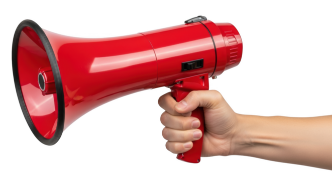 Hand holding a bright red megaphone with trim and buttons isolated on a transparent background announcement