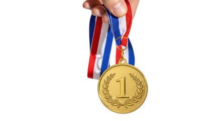 Hand holding a gold medal with number one and laurel wreath on a red white and blue ribbon isolated on a transparent background