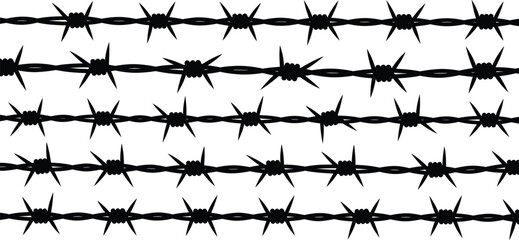 Barbed wire silhouette set, five strand styles, sharp fencing design, black wire pattern, security concept, protective barrier, danger symbol, industrial theme