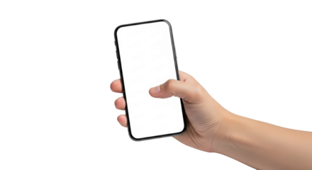 Hand holding a modern smartphone with a blank white screen and thumb touching the display isolated on a transparent background
