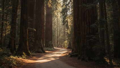 Sunlight streams through giant redwood trees illuminating a winding forest path, inviting peaceful exploration and nature connection.