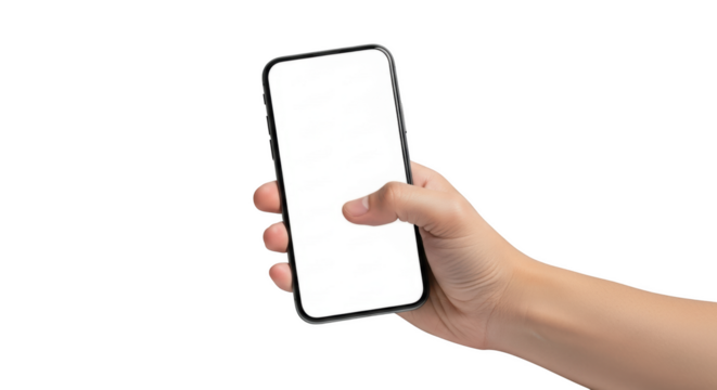 Hand holding a modern smartphone with a blank white screen and thumb touching the display isolated on a transparent background - Powered by Adobe