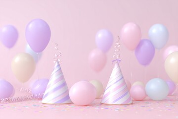 kawaii party hats with streamers and balloons, pastel pink background, cute new year design 