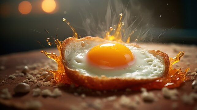 detailed close-up shot of a fried egg, egg yolk glistening, crispy edges, oil splatter, hot pan, warm tones, dramatic lighting, photorealistic, high detail, 4k
