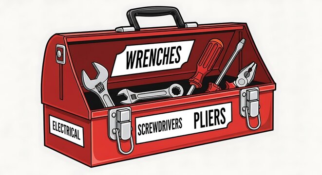 Vibrant Red Open Toolbox Illustration with Assorted Hand Tools.