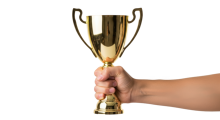 Hand holding a shiny golden trophy with two handles against a background isolated on a transparent background