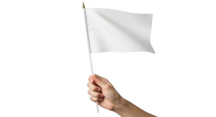 Hand holding a small white flag on a pole against a background isolated on a transparent background surrender