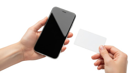 Hand holding a smartphone with a blank white card nearby isolated on a transparent background mobile phone
