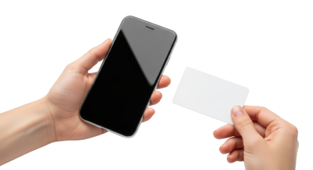 Hand holding a smartphone with a blank white card nearby isolated on a transparent background mobile phone