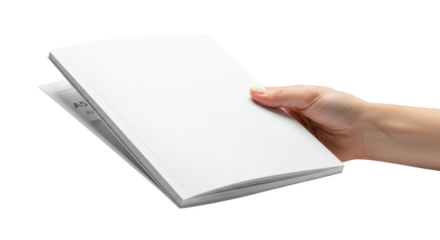 Hand holding a stack of blank white A5 paper pages isolated on a transparent background image