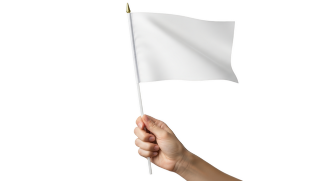 Hand holding a small white flag on a pole against a background isolated on a transparent background surrender