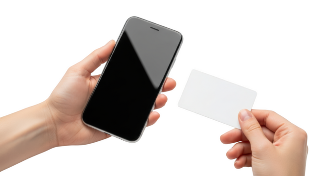 Hand holding a smartphone with a blank white card nearby isolated on a transparent background mobile phone