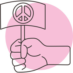 Hand Holding Peace Symbol Flag With Pink Circle Background In Line Art Style Transparent Background