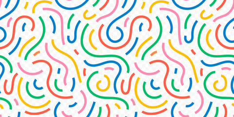 Fun colorful line doodle seamless pattern. Creative minimalist style art background for children or trendy design with basic shapes. Simple childish scribble backdrop. Vector stock background © Lapalovee