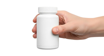 Hand holding a white plastic pill bottle with a ribbed cap isolated on a transparent background image 1