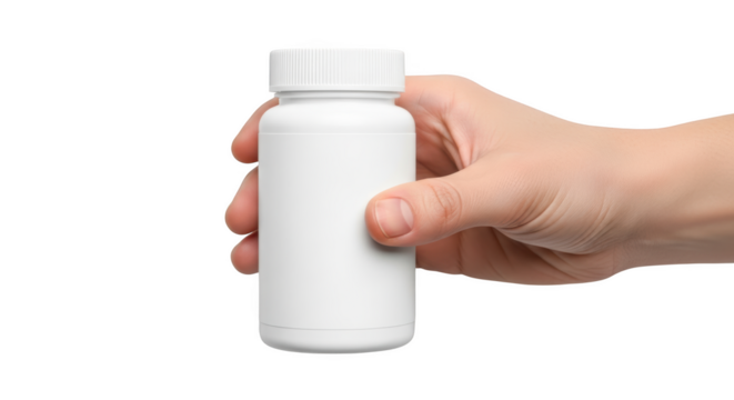Hand holding a white plastic pill bottle with a ribbed cap isolated on a transparent background image 1