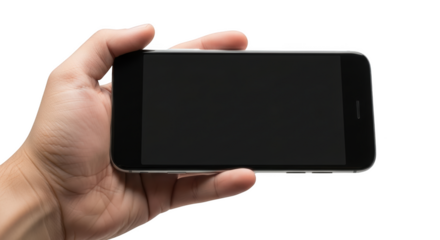 Hand holding a smartphone horizontally with a dark screen isolated on a transparent background mobile phone