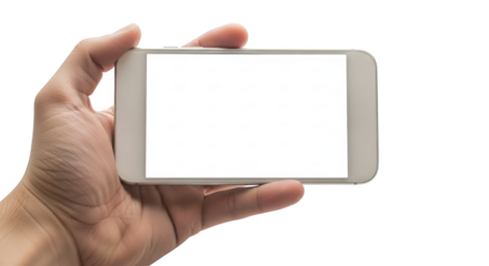 Hand holding a white smartphone horizontally with a blank white screen isolated on a transparent background