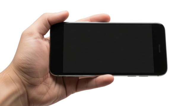 Hand holding a smartphone horizontally with a dark screen isolated on a transparent background mobile phone