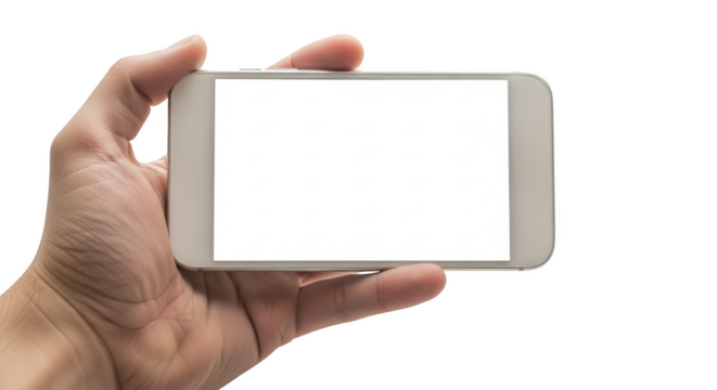 Hand holding a white smartphone horizontally with a blank white screen isolated on a transparent background