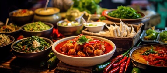 a feast of traditional indian dishes, colorful array of curries, chutneys, rice, naan bread, garnished with fresh herbs and spices, vibrant colors and textures, gleaming metal bowls, wooden table, war