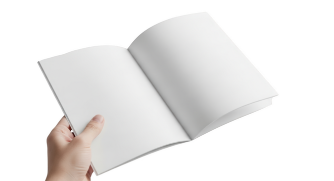 Hand holding open blank white book pages with background isolated on a transparent background image