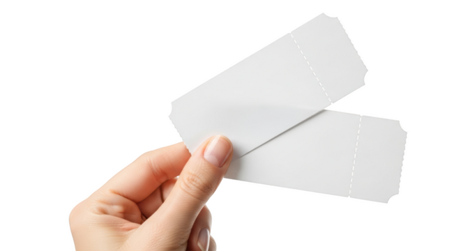 Hand holding two blank white paper tickets with perforated edges isolated on a transparent background