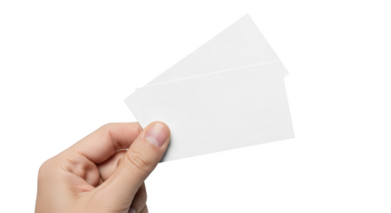 Hand holding two blank white business cards with background isolated on a transparent background image