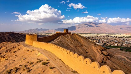 Fortified wall stretches across arid hills; city afar