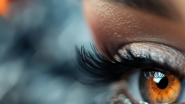 A close-up view of a mesmerizing eye featuring a vivid orange iris, dramatic lashes, and bold makeup. The background is softly blurred, enhancing the eye's captivating allure.