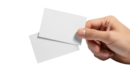 Hand holding two blank white rectangular cards against a background isolated on a transparent background