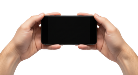 Hands holding a smartphone horizontally with a blank screen isolated on a transparent background mobile phone